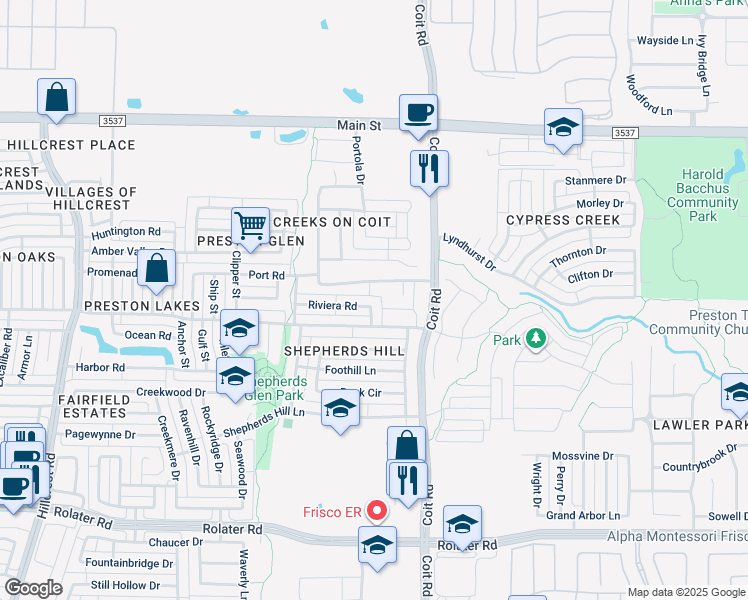 map of restaurants, bars, coffee shops, grocery stores, and more near 12316 Riviera Road in Frisco