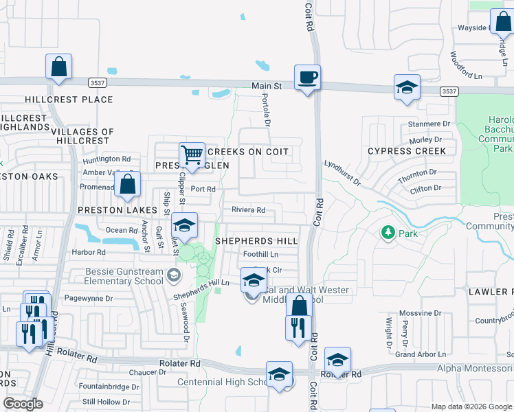 map of restaurants, bars, coffee shops, grocery stores, and more near 12306 Ark Road in Frisco