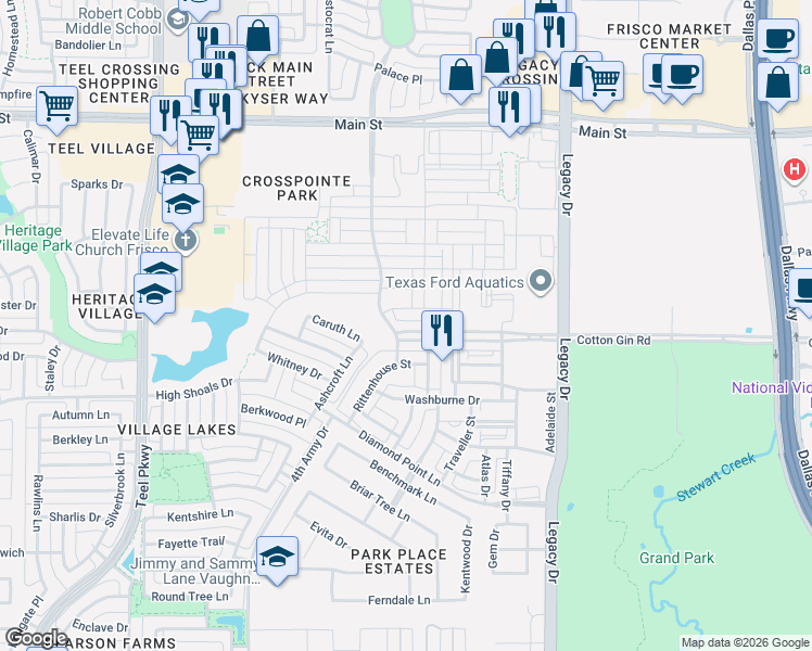 map of restaurants, bars, coffee shops, grocery stores, and more near 8239 Kentland Drive in Frisco