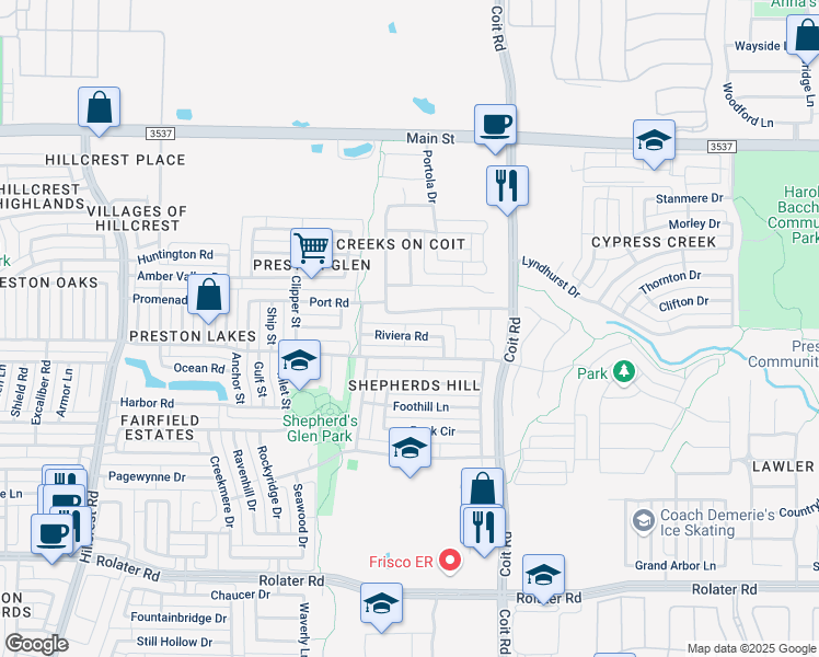 map of restaurants, bars, coffee shops, grocery stores, and more near 12210 Riviera Road in Frisco