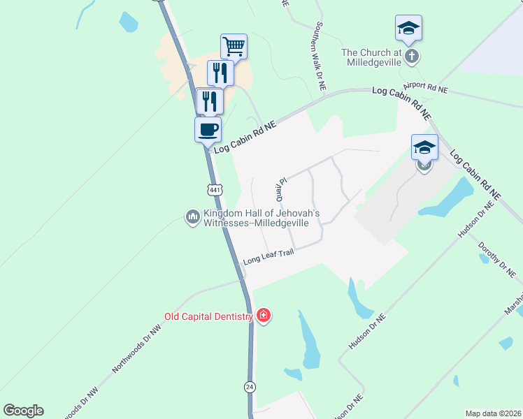 map of restaurants, bars, coffee shops, grocery stores, and more near 116 Quail Place in Milledgeville