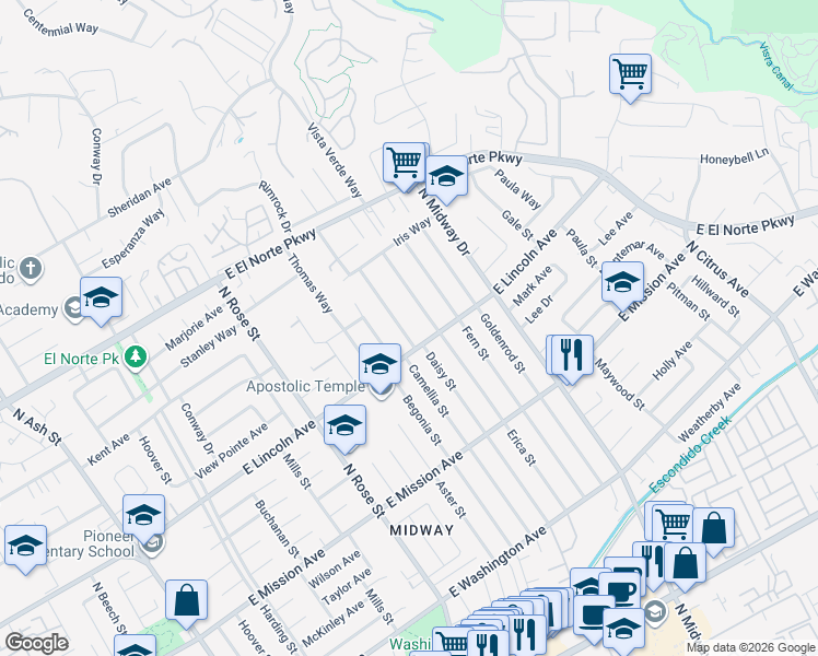 map of restaurants, bars, coffee shops, grocery stores, and more near 1080 Daisy Street in Escondido