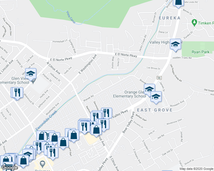 map of restaurants, bars, coffee shops, grocery stores, and more near 521 Sandalwood Place in Escondido
