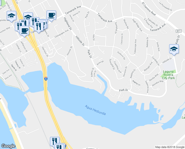 map of restaurants, bars, coffee shops, grocery stores, and more near 4590 Adams Street in Carlsbad