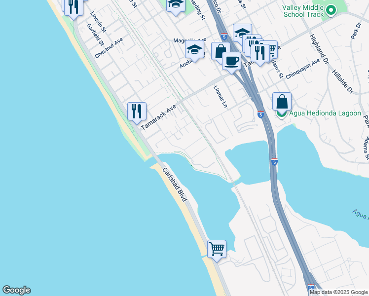 map of restaurants, bars, coffee shops, grocery stores, and more near 4062 Garfield Street in Carlsbad