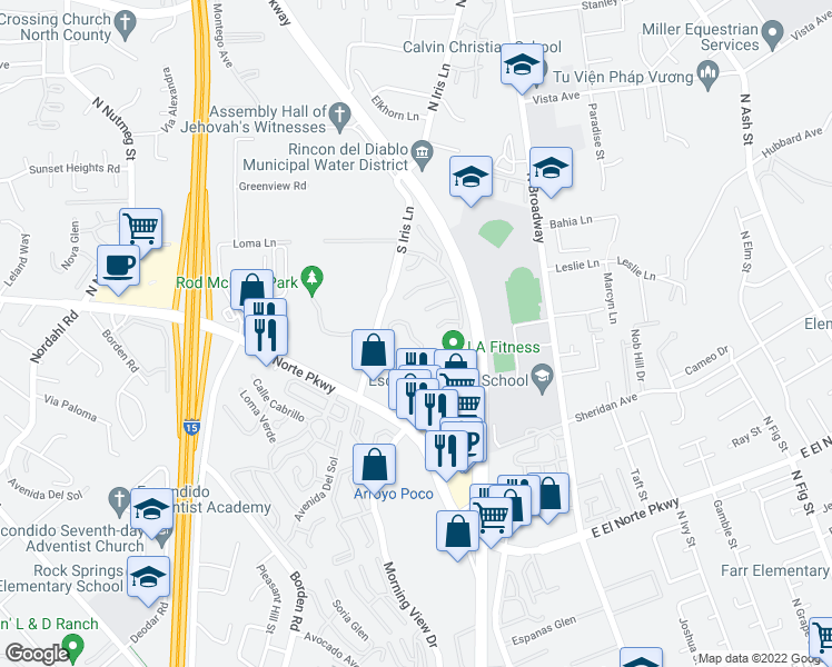 map of restaurants, bars, coffee shops, grocery stores, and more near 435 Beaumont Glen in Escondido