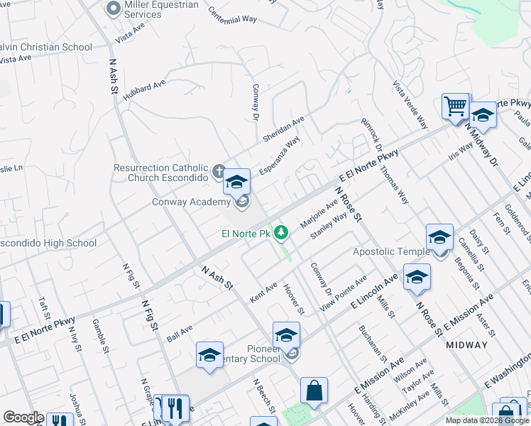 map of restaurants, bars, coffee shops, grocery stores, and more near 1428 Alpine Place in Escondido