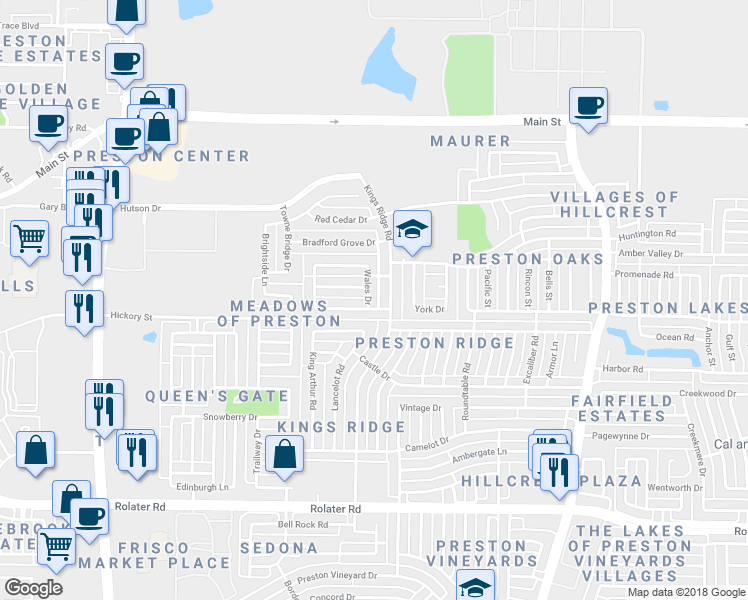 map of restaurants, bars, coffee shops, grocery stores, and more near 10060 Queens Road in Frisco