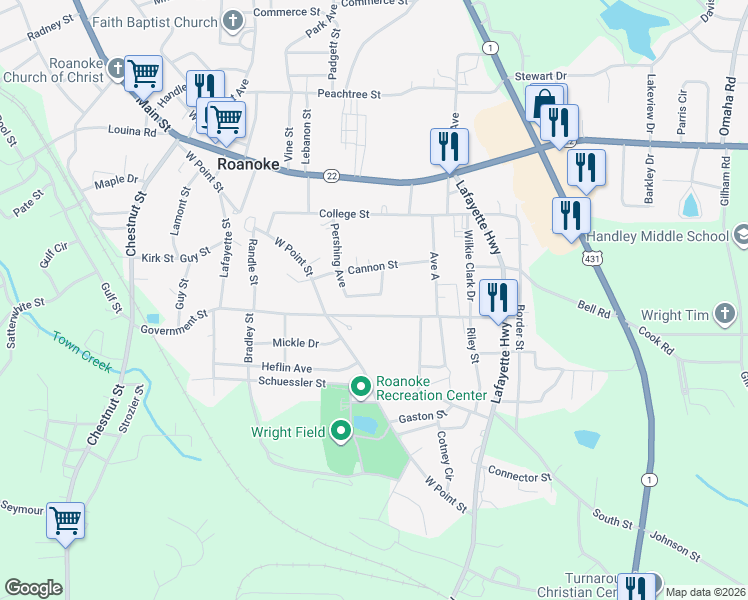 map of restaurants, bars, coffee shops, grocery stores, and more near 320 Wood Avenue in Roanoke