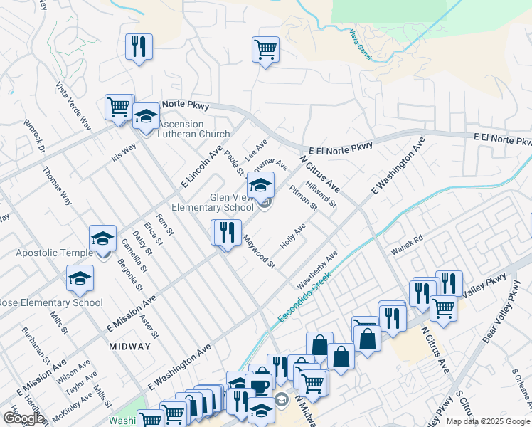 map of restaurants, bars, coffee shops, grocery stores, and more near 2201 East Mission Avenue in Escondido