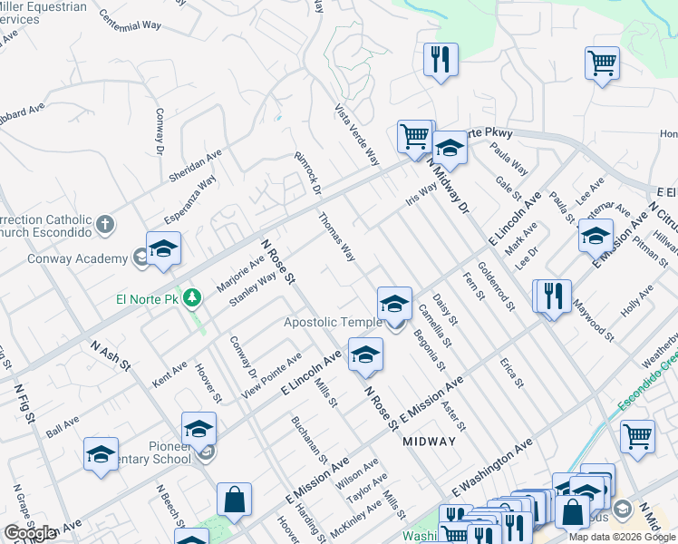 map of restaurants, bars, coffee shops, grocery stores, and more near 1130 Cleo Court in Escondido