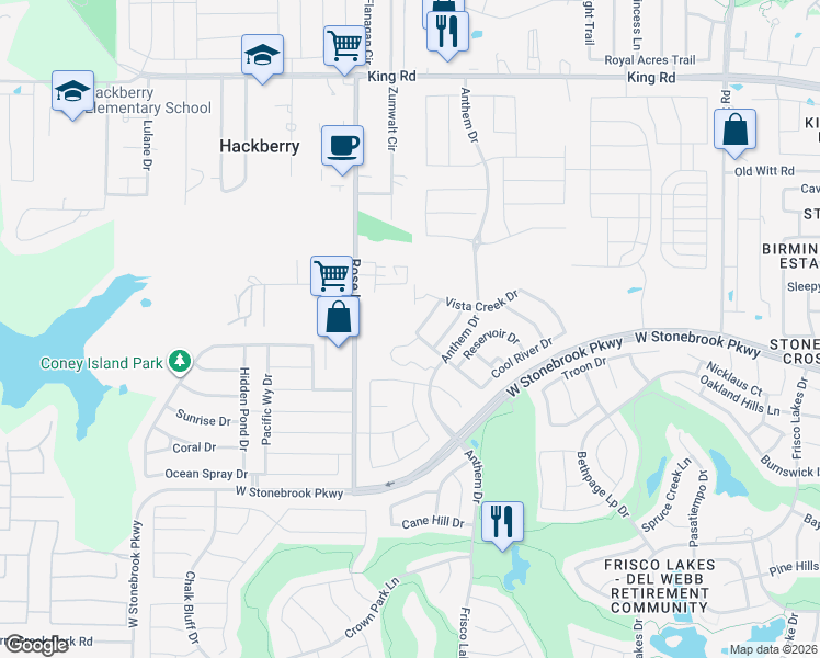 map of restaurants, bars, coffee shops, grocery stores, and more near 301 Rose Lane in Frisco