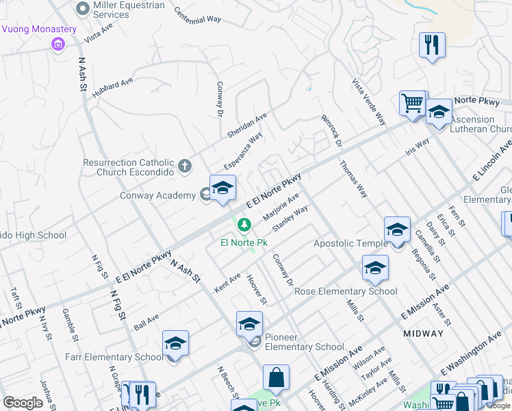 map of restaurants, bars, coffee shops, grocery stores, and more near 1292 Sorrento Place in Escondido