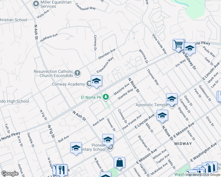 map of restaurants, bars, coffee shops, grocery stores, and more near 1292 Sorrento Place in Escondido