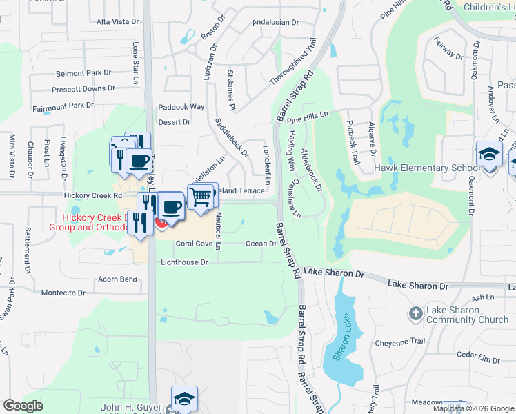 map of restaurants, bars, coffee shops, grocery stores, and more near 3416 Groveland Terrace in Denton