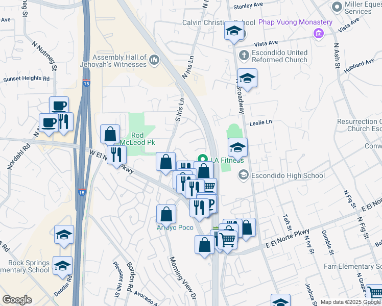 map of restaurants, bars, coffee shops, grocery stores, and more near 432 Conifer Glen in Escondido