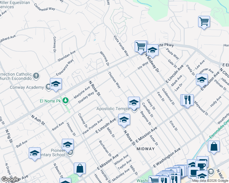 map of restaurants, bars, coffee shops, grocery stores, and more near 1130 Cleo Court in Escondido