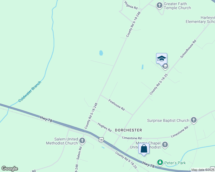 map of restaurants, bars, coffee shops, grocery stores, and more near 413 Sandhill Road in Dorchester County