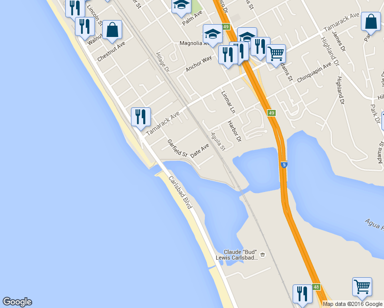 map of restaurants, bars, coffee shops, grocery stores, and more near 334 Date Avenue in Carlsbad