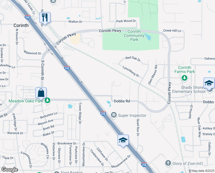 map of restaurants, bars, coffee shops, grocery stores, and more near 2011 Carpenter Lane in Corinth