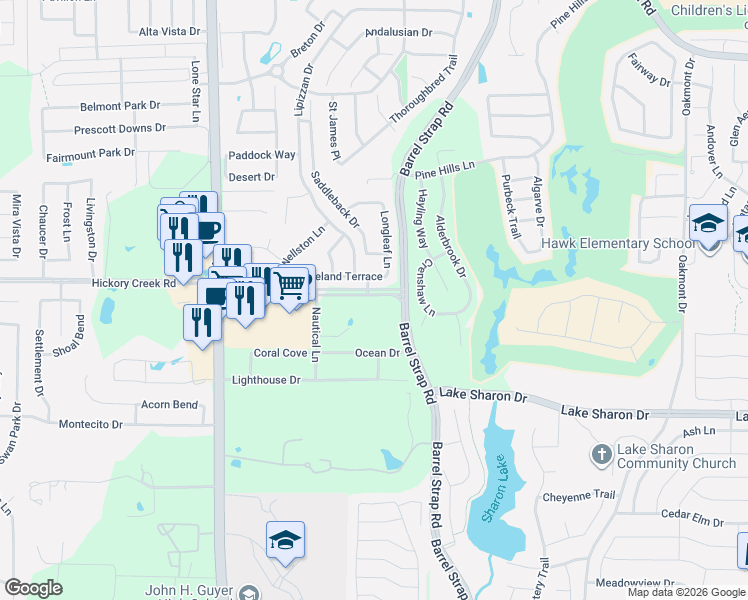 map of restaurants, bars, coffee shops, grocery stores, and more near 3416 Groveland Terrace in Denton