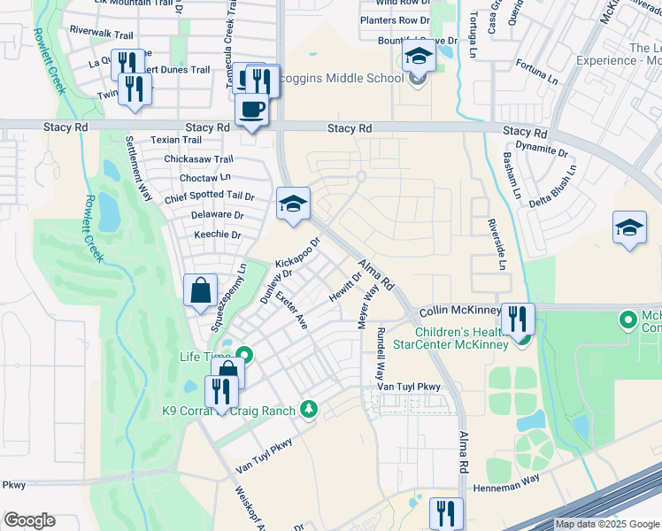 map of restaurants, bars, coffee shops, grocery stores, and more near 6005 The Esplanade in McKinney