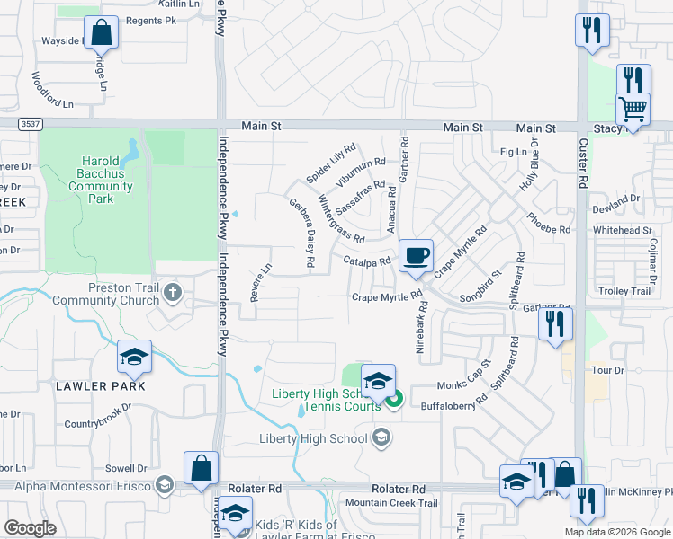 map of restaurants, bars, coffee shops, grocery stores, and more near 8483 Twistpine Road in Frisco