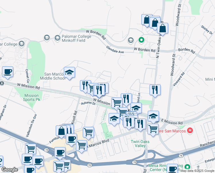 map of restaurants, bars, coffee shops, grocery stores, and more near 403 Marcos Street in San Marcos