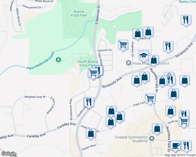 map of restaurants, bars, coffee shops, grocery stores, and more near 2205 South Melrose Drive in Vista
