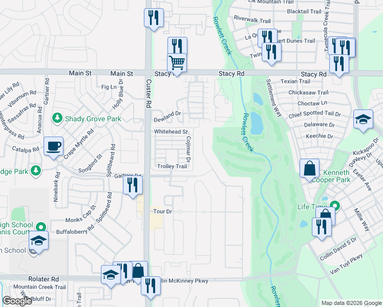 map of restaurants, bars, coffee shops, grocery stores, and more near 5408 Twin Cities Lane in McKinney