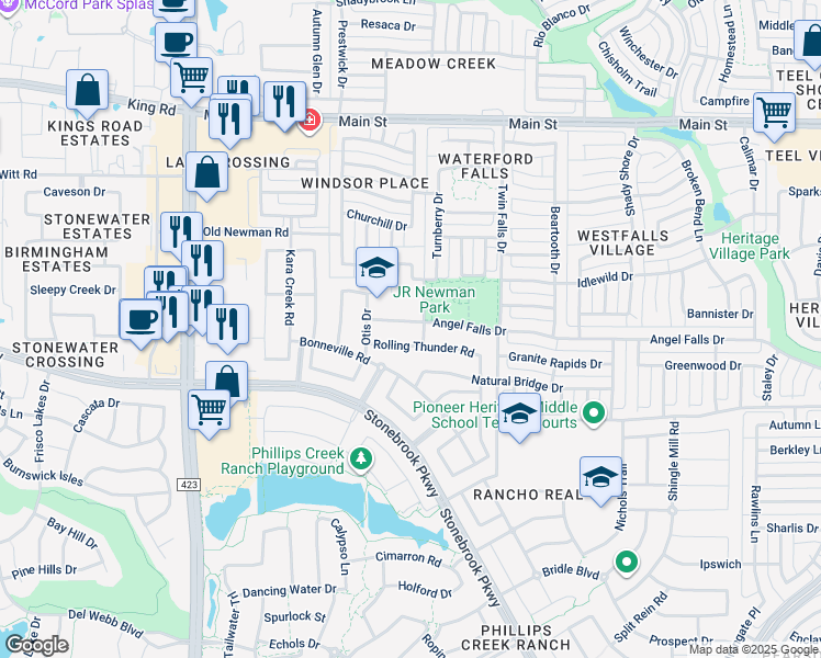 map of restaurants, bars, coffee shops, grocery stores, and more near 1117 Angel Falls Drive in Frisco