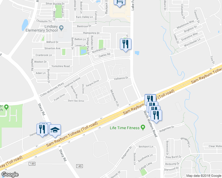 map of restaurants, bars, coffee shops, grocery stores, and more near 5520 McKinney Place Drive in McKinney
