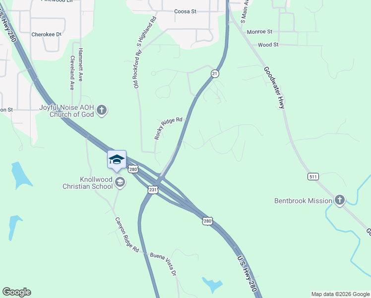 map of restaurants, bars, coffee shops, grocery stores, and more near 1 Brookside Drive in Sylacauga