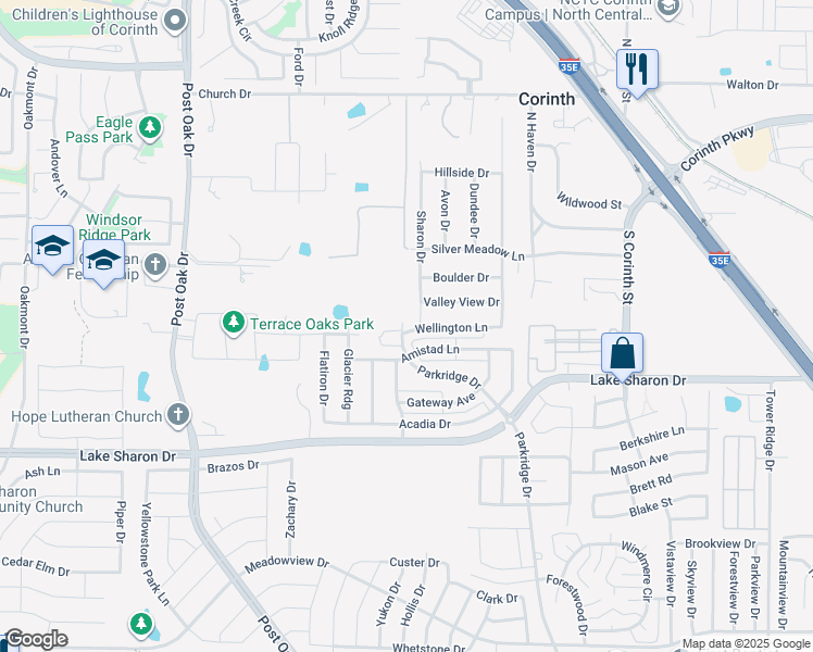 map of restaurants, bars, coffee shops, grocery stores, and more near 2310 Parkridge Drive in Corinth