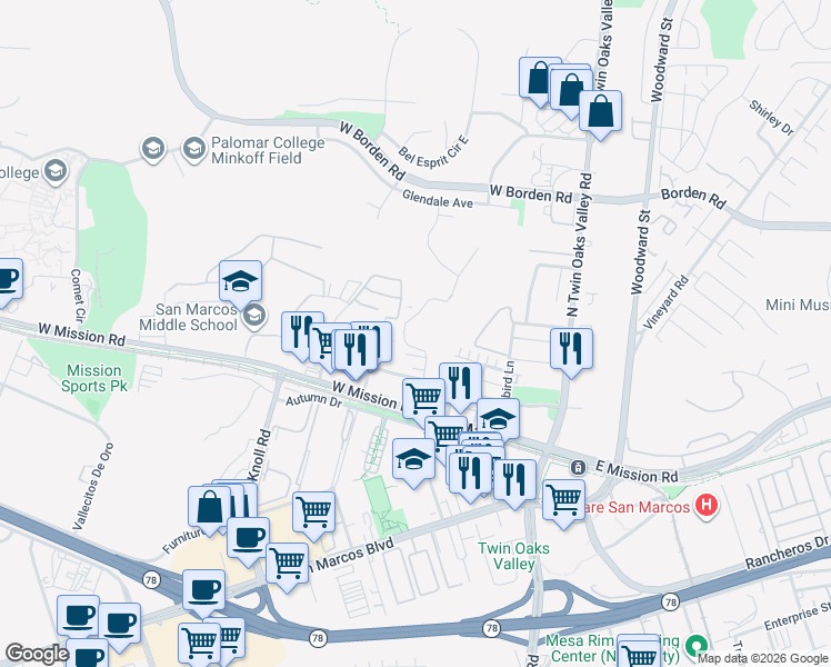 map of restaurants, bars, coffee shops, grocery stores, and more near 501 Fitzpatrick Road in San Marcos