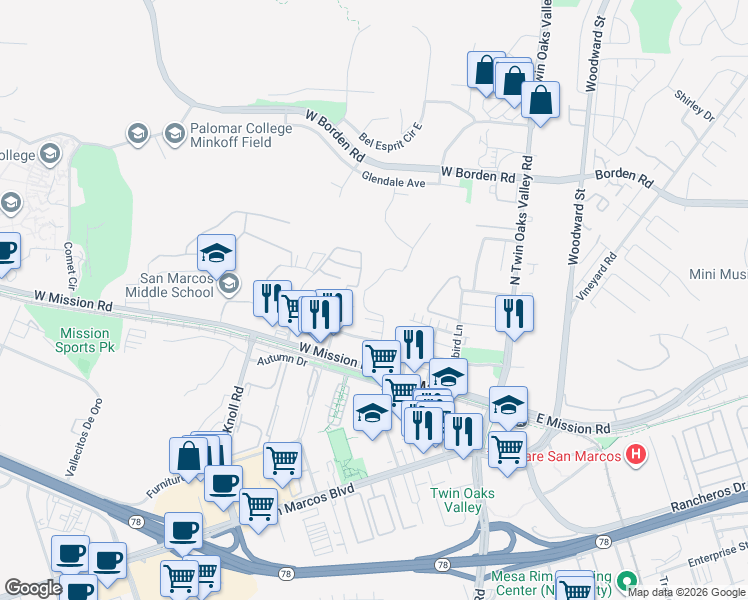 map of restaurants, bars, coffee shops, grocery stores, and more near 501 Fitzpatrick Road in San Marcos