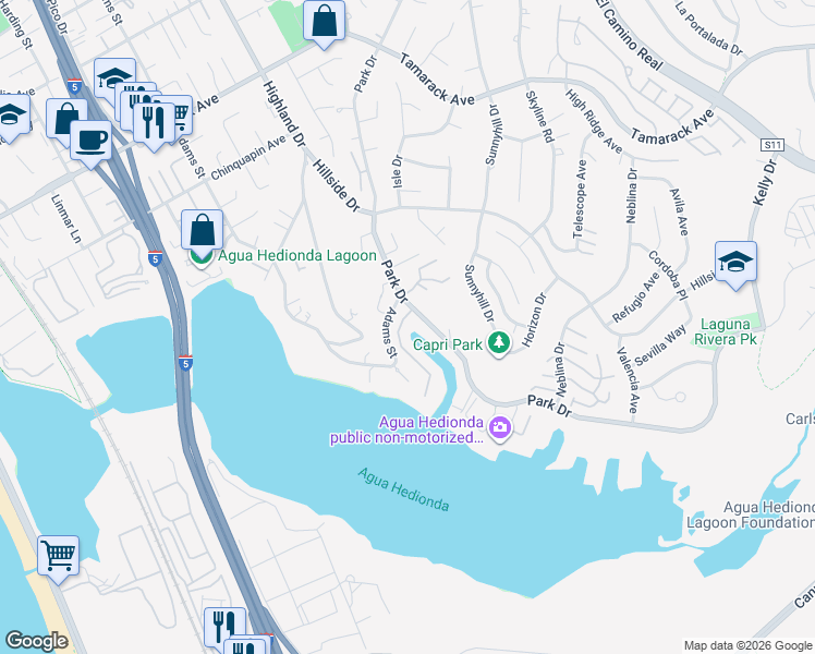 map of restaurants, bars, coffee shops, grocery stores, and more near 4587 Cove Drive in Carlsbad
