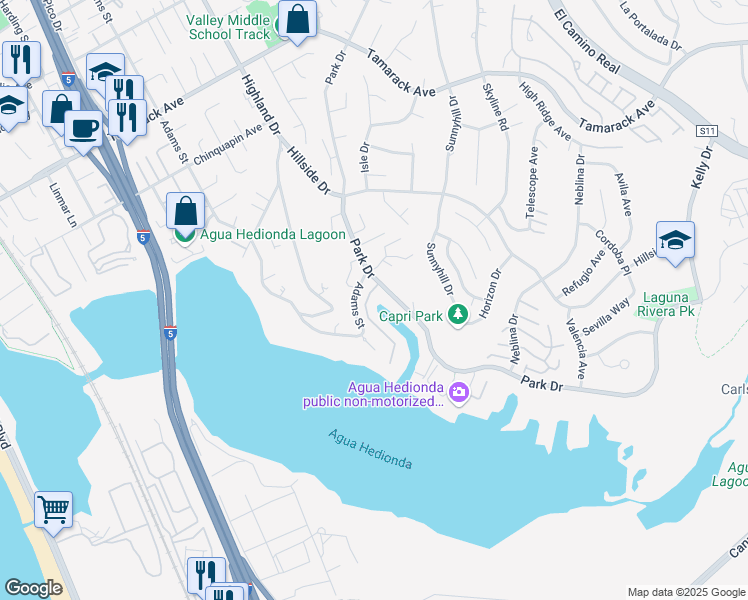 map of restaurants, bars, coffee shops, grocery stores, and more near 4585 Cove Drive in Carlsbad