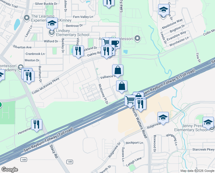 map of restaurants, bars, coffee shops, grocery stores, and more near 5701 McKinney Place Drive in McKinney