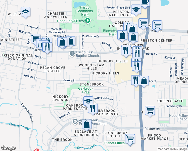 map of restaurants, bars, coffee shops, grocery stores, and more near 8639 Woodstream Drive in Frisco