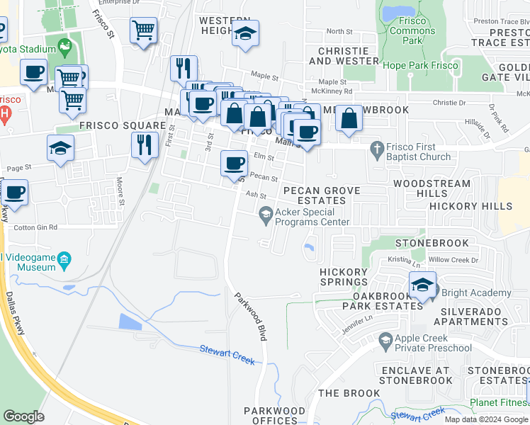 map of restaurants, bars, coffee shops, grocery stores, and more near 7142 Hickory Street in Frisco