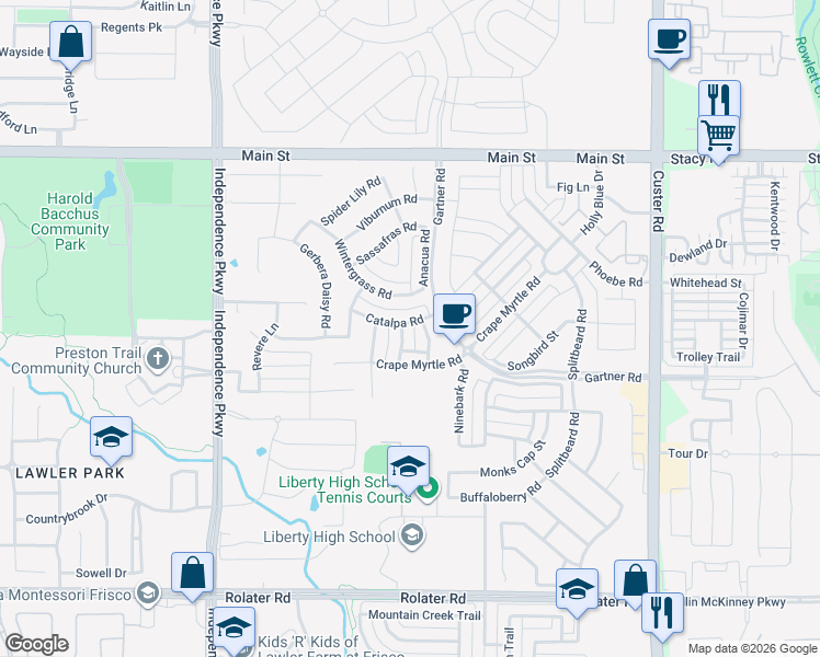 map of restaurants, bars, coffee shops, grocery stores, and more near 15378 Catalpa Road in Frisco