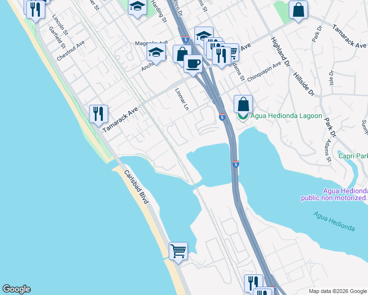 map of restaurants, bars, coffee shops, grocery stores, and more near 4025 Canario Street in Carlsbad