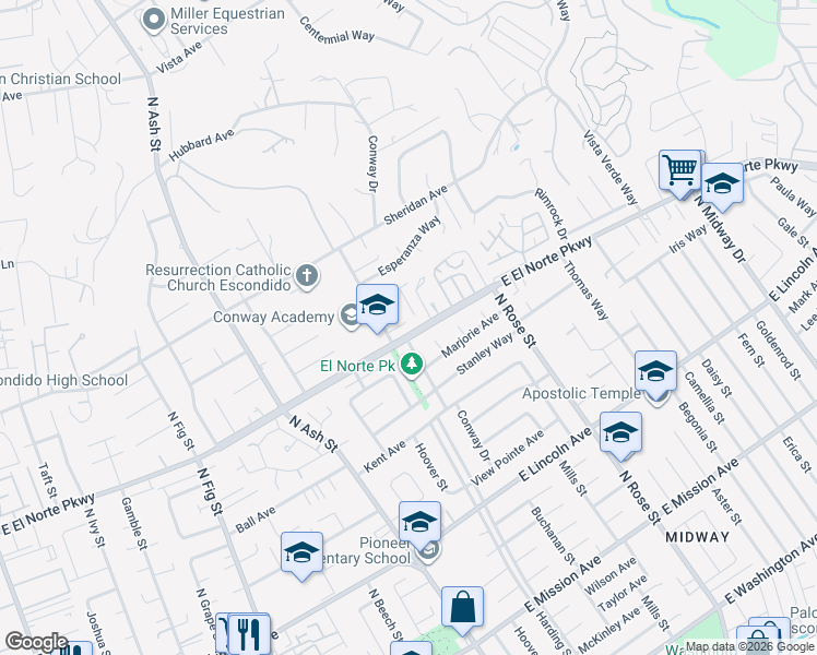 map of restaurants, bars, coffee shops, grocery stores, and more near 1422 East El Norte Parkway in Escondido