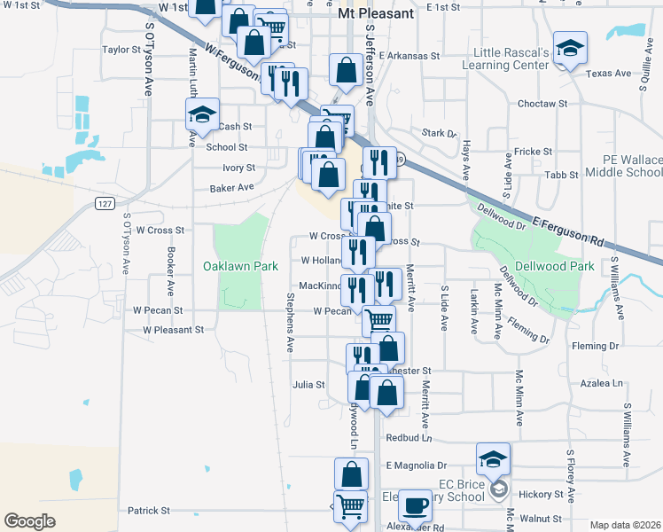map of restaurants, bars, coffee shops, grocery stores, and more near 204 East Holland Street in Mount Pleasant