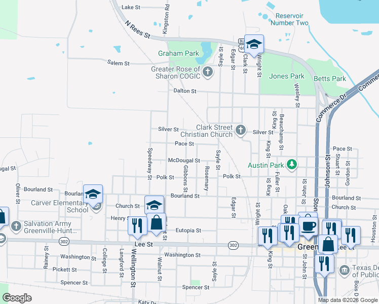 map of restaurants, bars, coffee shops, grocery stores, and more near 1609 Gibbons Street in Greenville