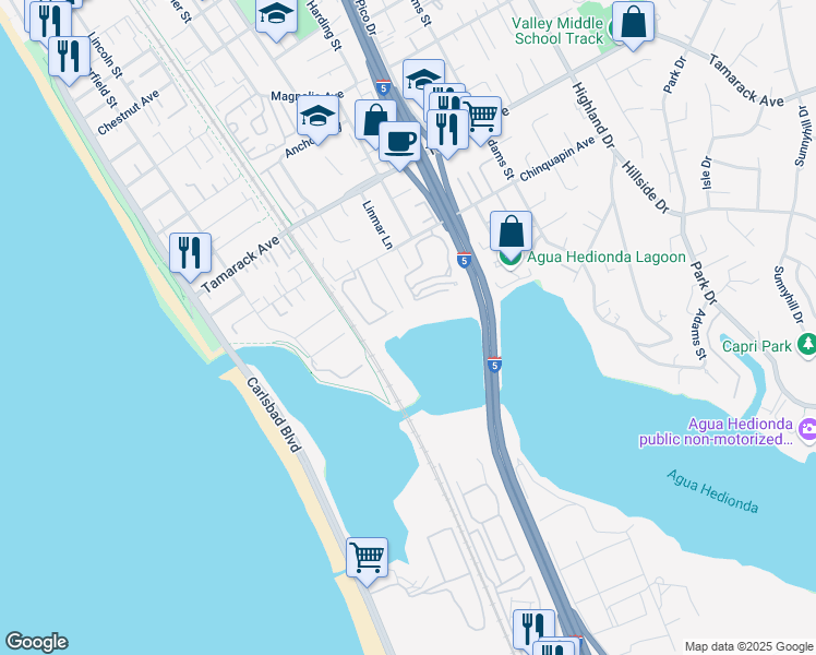 map of restaurants, bars, coffee shops, grocery stores, and more near 801 Kalpati Circle in Carlsbad