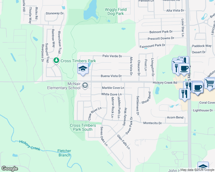 map of restaurants, bars, coffee shops, grocery stores, and more near 1501 Marble Cove Lane in Denton