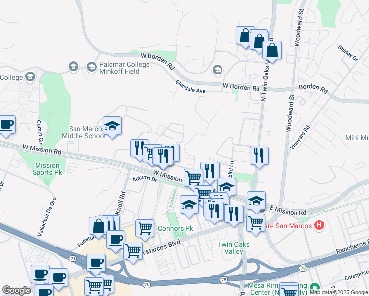 map of restaurants, bars, coffee shops, grocery stores, and more near 501 Fitzpatrick Road in San Marcos