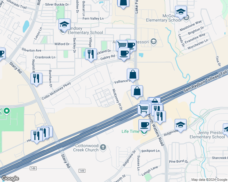 map of restaurants, bars, coffee shops, grocery stores, and more near 5540 McKinney Place Drive in McKinney